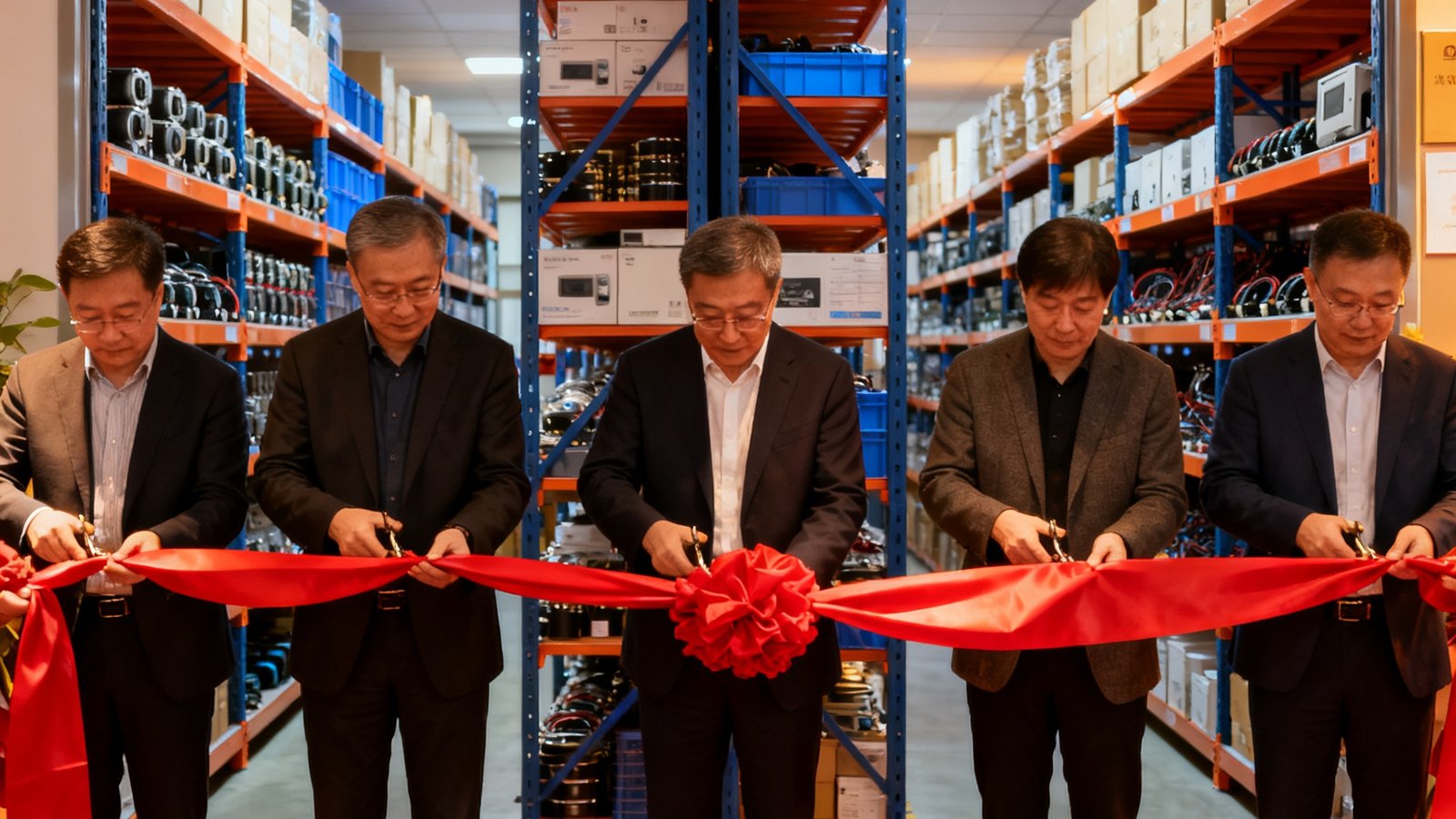DG视讯北京技术服务中心揭牌仪式现场，公司管理层与华北地区客户代表共同剪彩，背景展示着服务中心的备件仓储区